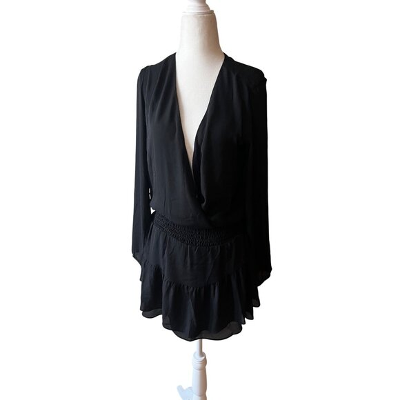 krisa Smocked Surplice Dress in Black XSmall New Womens Mini Long Sleeve - Picture 4 of 9